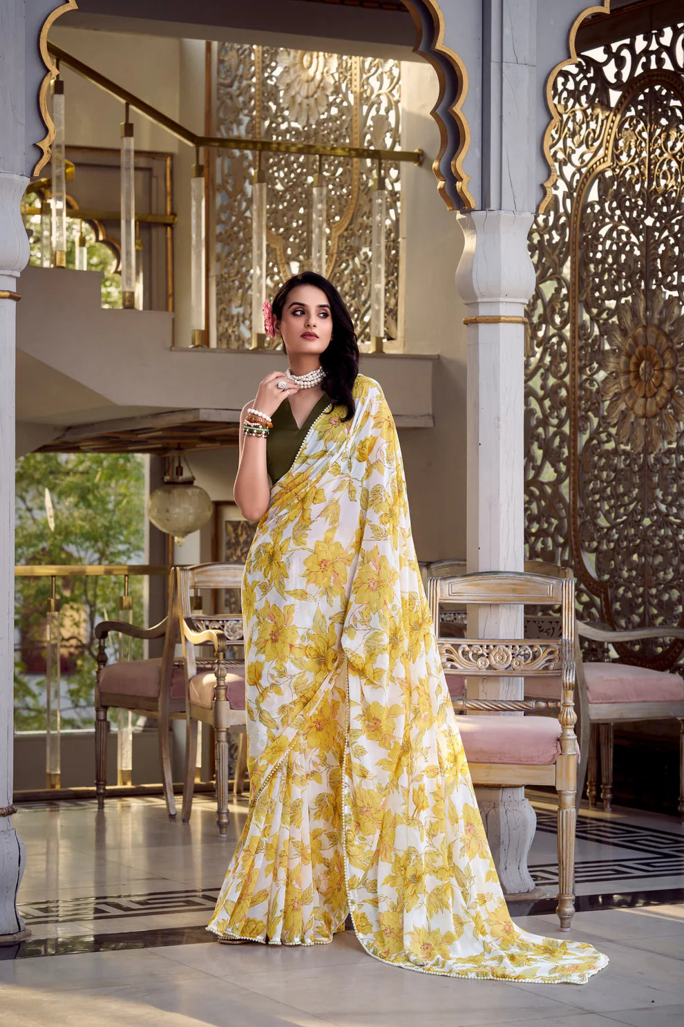 Dixz Fashion Weightless Marbal Foral Print With Pearl Lace Border Saree