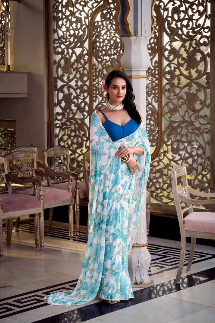 Dixz Fashion Weightless Marbal Foral Print With Pearl Lace Border Saree