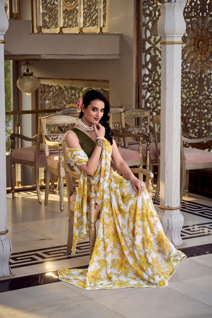 Dixz Fashion Weightless Marbal Foral Print With Pearl Lace Border Saree