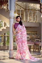 Dixz Fashion Weightless Marbal Foral Print With Pearl Lace Border Saree