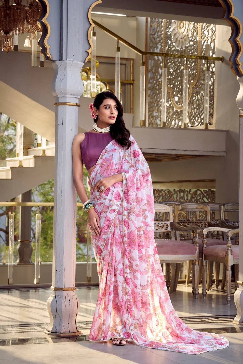 Dixz Fashion Weightless Marbal Foral Print With Pearl Lace Border Saree
