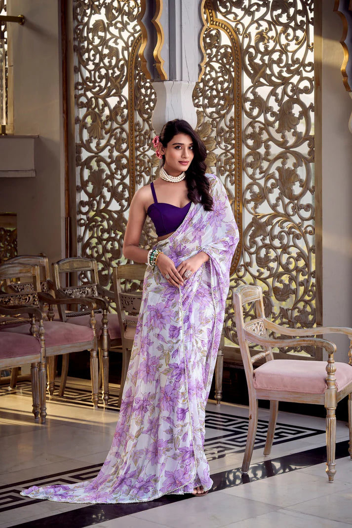Dixz Fashion Weightless Marbal Foral Print With Pearl Lace Border Saree