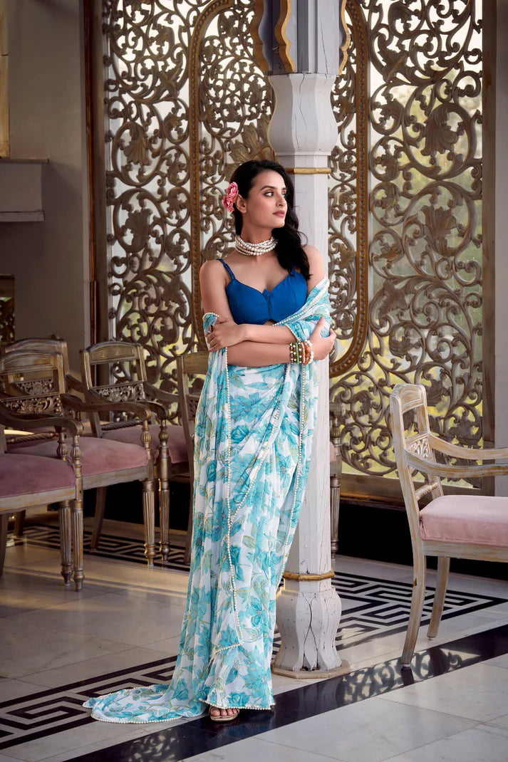 Dixz Fashion Weightless Marbal Foral Print With Pearl Lace Border Saree