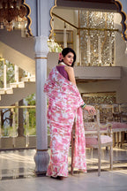 Dixz Fashion Weightless Marbal Foral Print With Pearl Lace Border Saree
