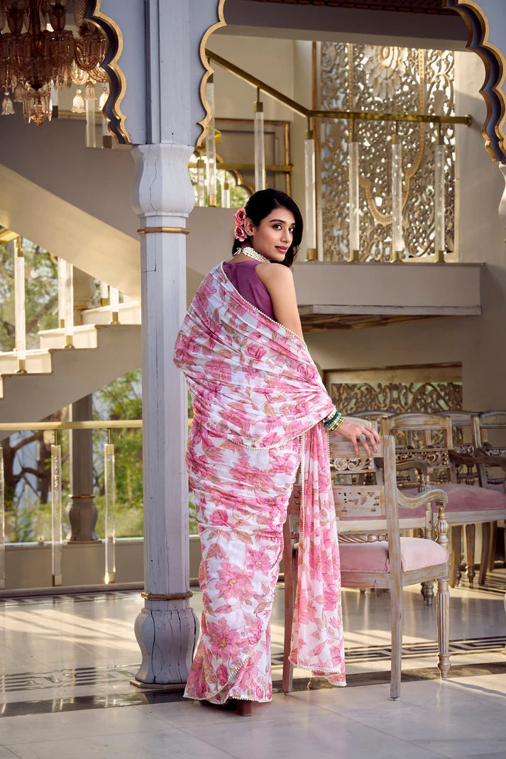 Dixz Fashion Weightless Marbal Foral Print With Pearl Lace Border Saree