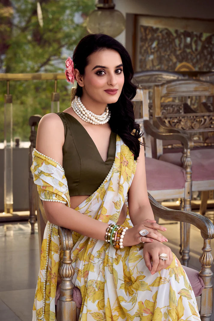 Dixz Fashion Weightless Marbal Foral Print With Pearl Lace Border Saree