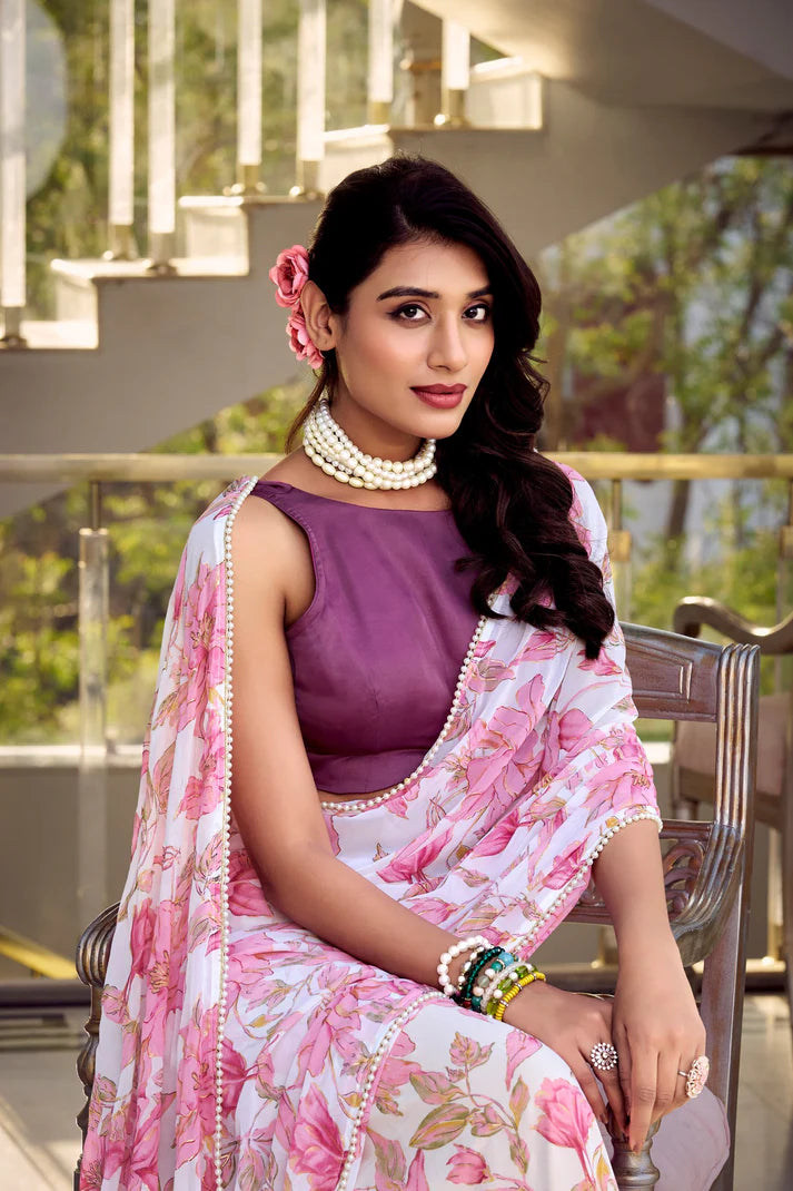Dixz Fashion Weightless Marbal Foral Print With Pearl Lace Border Saree