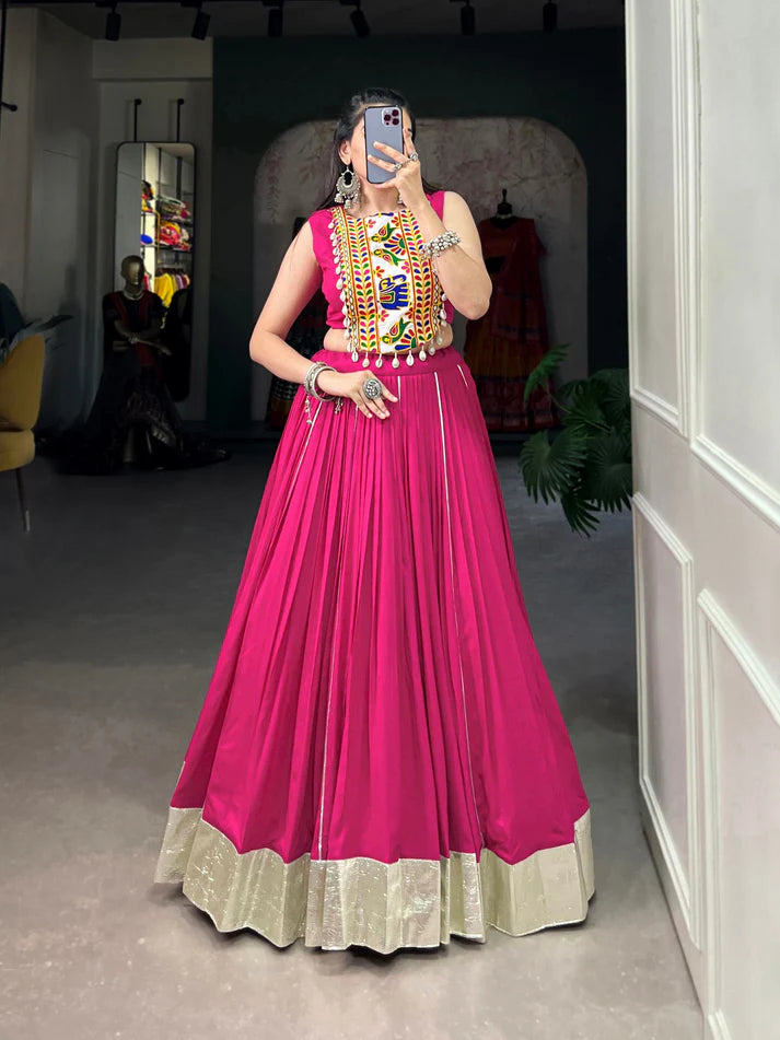 Dixz Fashion Rayon Lehenga Set with Gamthi Work Blouse & Gota Patti Detailing for Navaratri