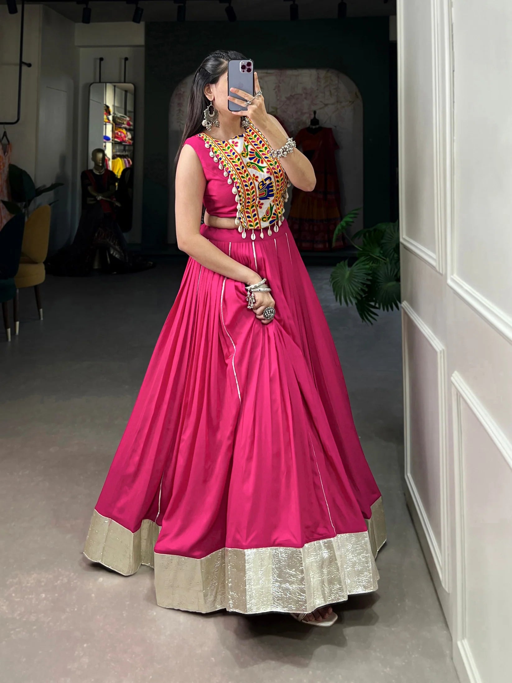 Dixz Fashion Rayon Lehenga Set with Gamthi Work Blouse & Gota Patti Detailing for Navaratri