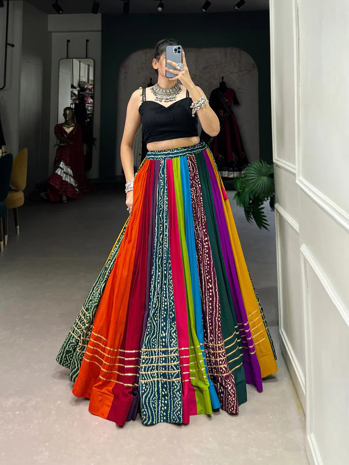 Dixz Fashion Pure Rayon Printed Lehenga Set with Mirror Work Blouse for Navaratri