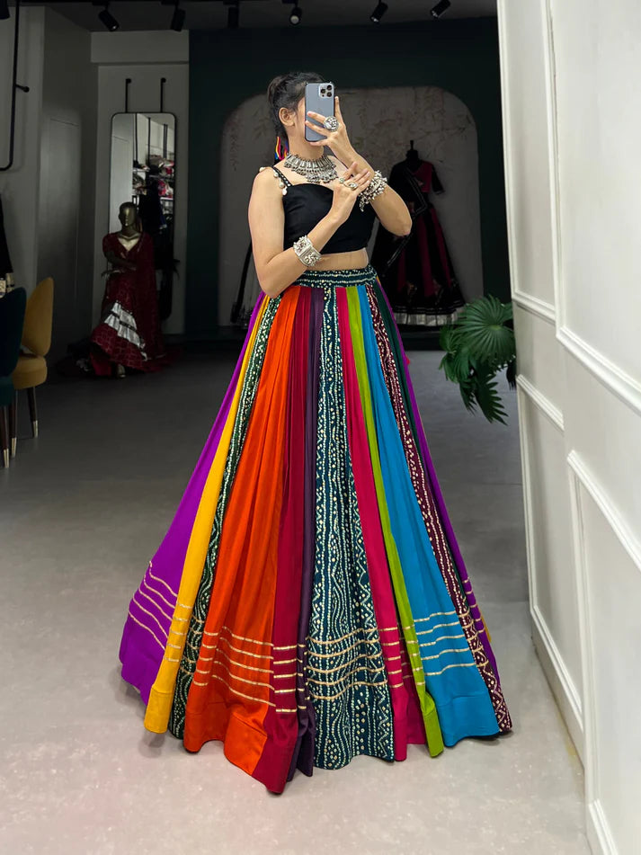 Dixz Fashion Pure Rayon Printed Lehenga Set with Mirror Work Blouse for Navaratri