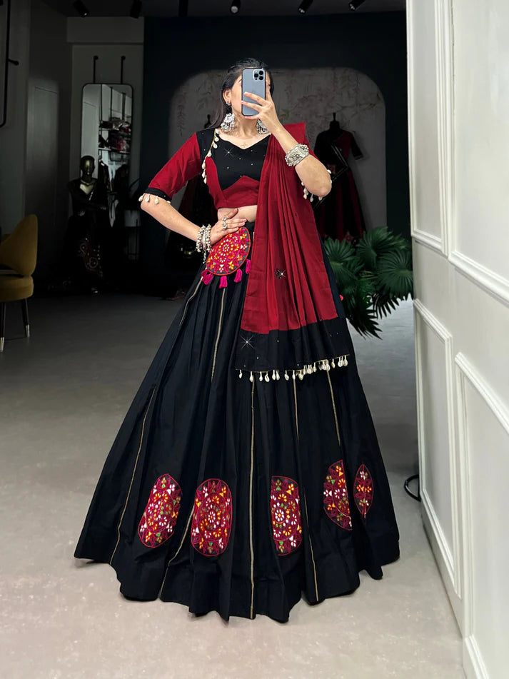 Dixz Fashion Pure Cotton Gamthi Patchwork Lehenga Set with Mirror Dupatta & Purse for Navaratri