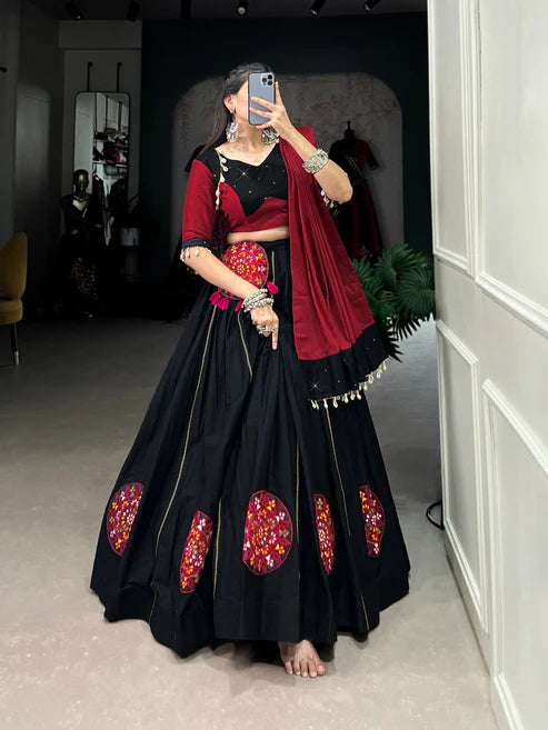 Dixz Fashion Pure Cotton Gamthi Patchwork Lehenga Set with Mirror Dupatta & Purse for Navaratri