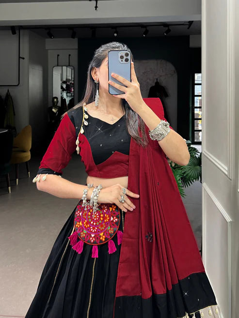 Dixz Fashion Pure Cotton Gamthi Patchwork Lehenga Set with Mirror Dupatta & Purse for Navaratri