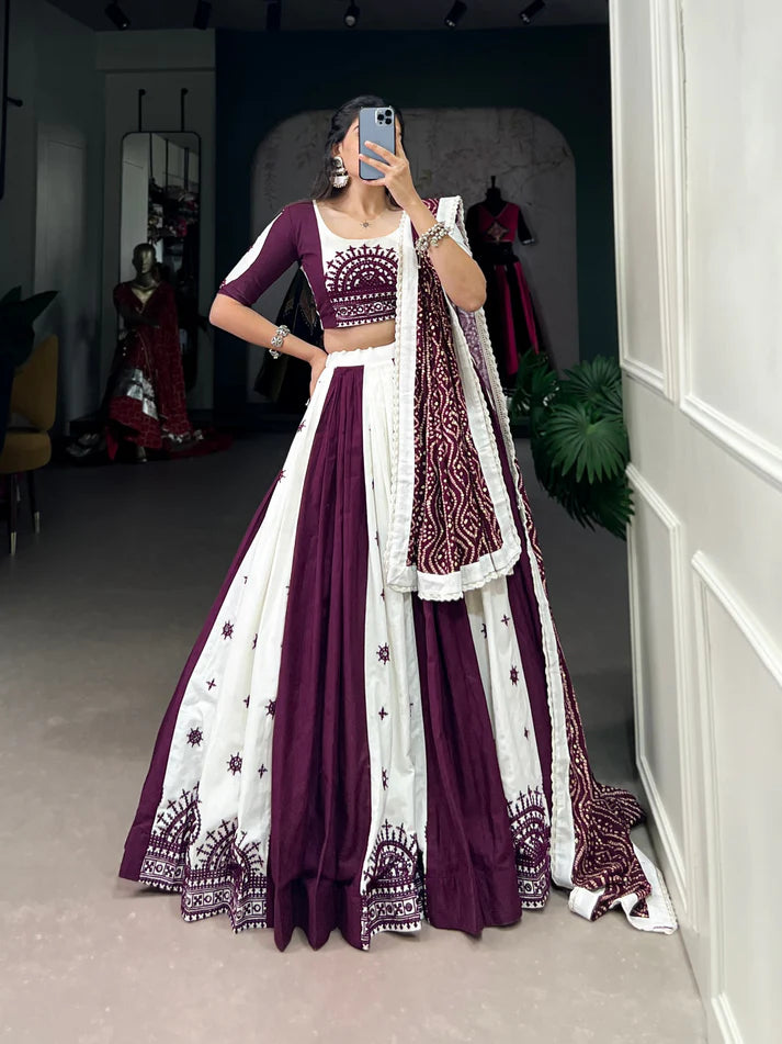 Dixz Fashion Traditional Mirror Gamthi Cotton Lehenga Set with Bandhej Touch for Navaratri