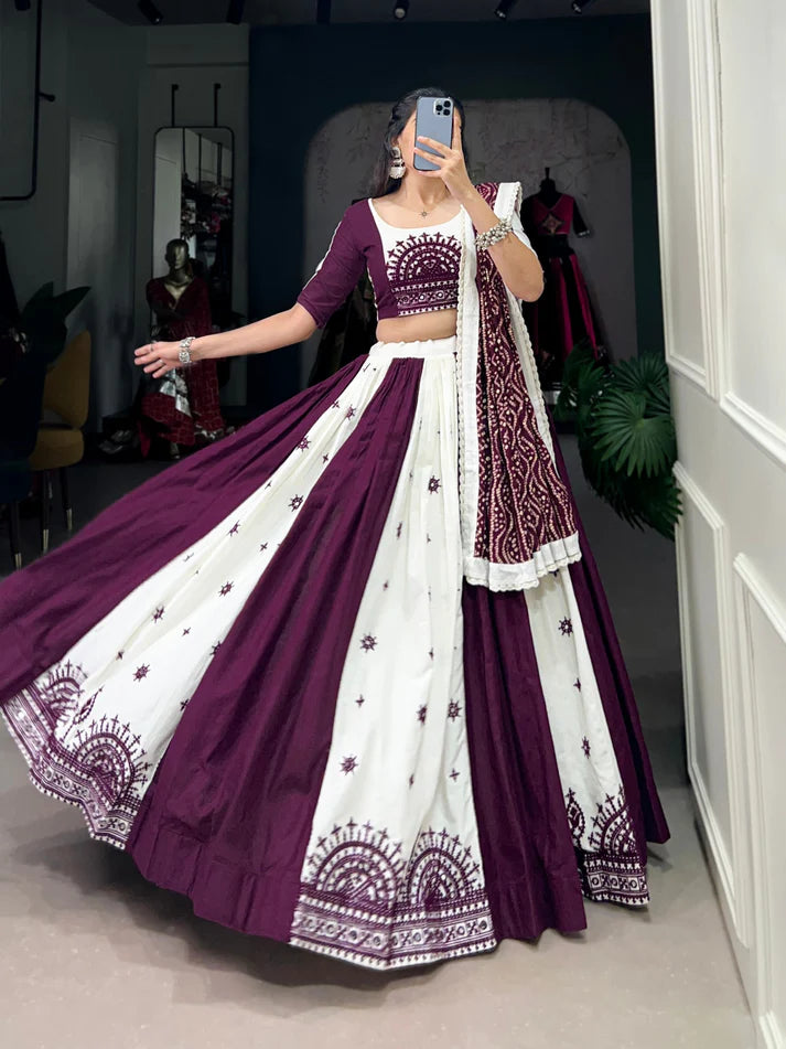 Dixz Fashion Traditional Mirror Gamthi Cotton Lehenga Set with Bandhej Touch for Navaratri