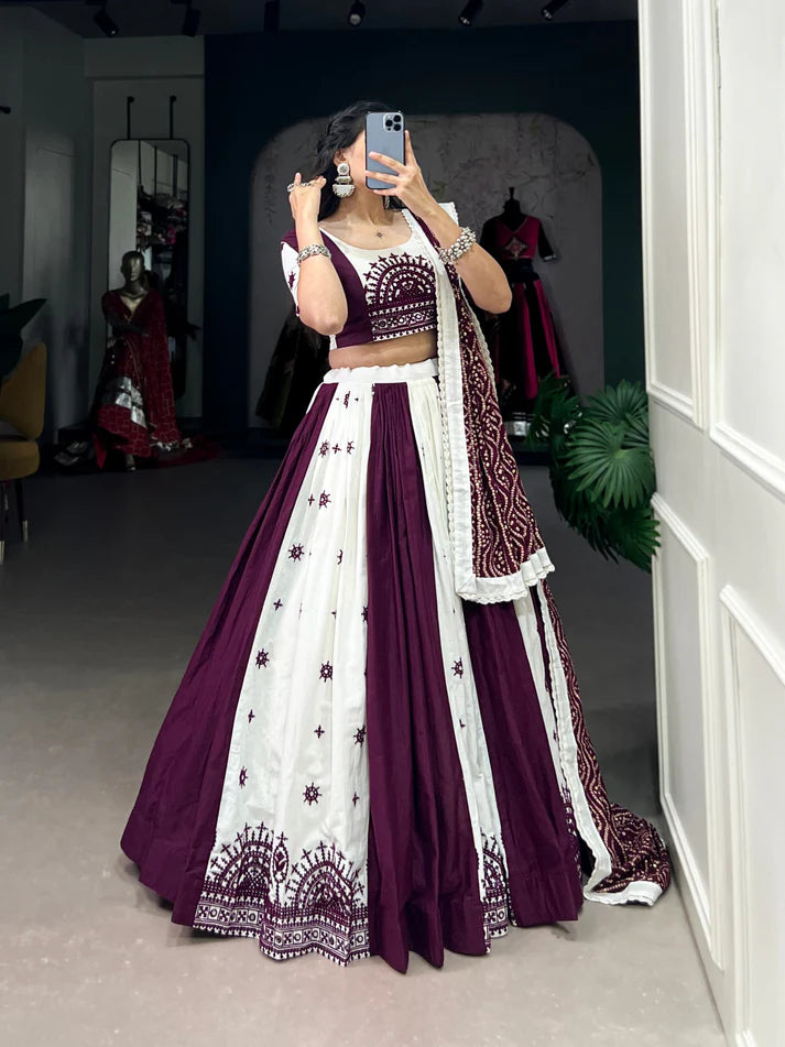 Dixz Fashion Traditional Mirror Gamthi Cotton Lehenga Set with Bandhej Touch for Navaratri