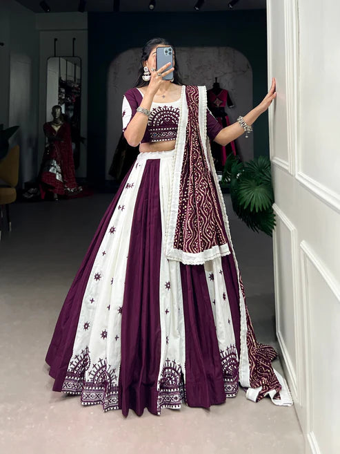 Dixz Fashion Traditional Mirror Gamthi Cotton Lehenga Set with Bandhej Touch for Navaratri