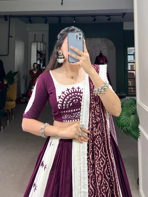 Dixz Fashion Traditional Mirror Gamthi Cotton Lehenga Set with Bandhej Touch for Navaratri