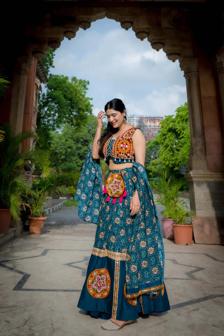 Dixz Fashion Pure Rayon Navratri Chaniya Choli, Complete with Sophisticated Printed Foil Work and Gamthi Patch & Lace Touch-Up for Navaratri