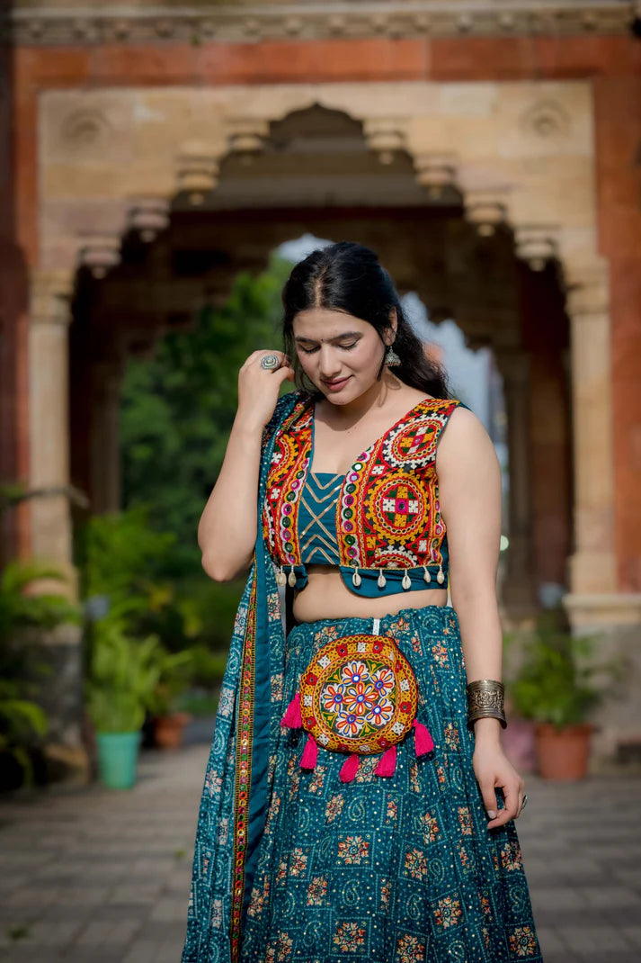 Dixz Fashion Pure Rayon Navratri Chaniya Choli, Complete with Sophisticated Printed Foil Work and Gamthi Patch & Lace Touch-Up for Navaratri