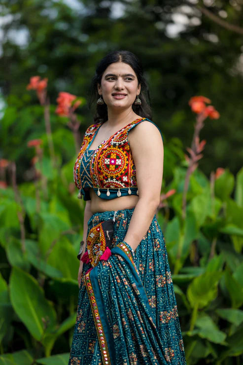 Dixz Fashion Pure Rayon Navratri Chaniya Choli, Complete with Sophisticated Printed Foil Work and Gamthi Patch & Lace Touch-Up for Navaratri