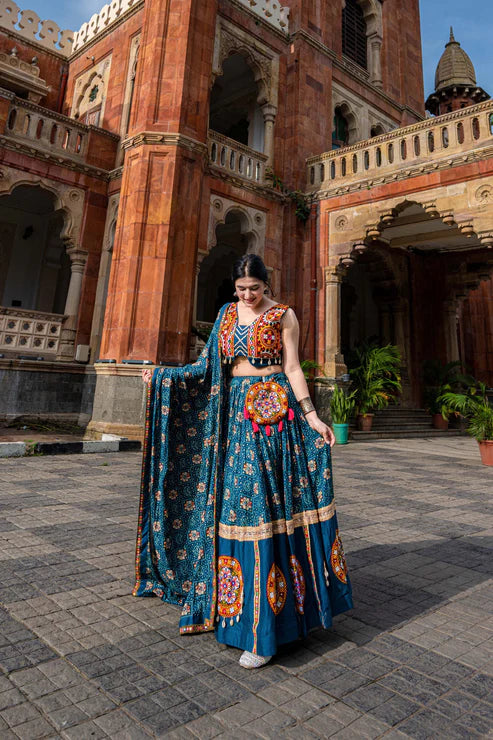 Dixz Fashion Pure Rayon Navratri Chaniya Choli, Complete with Sophisticated Printed Foil Work and Gamthi Patch & Lace Touch-Up for Navaratri