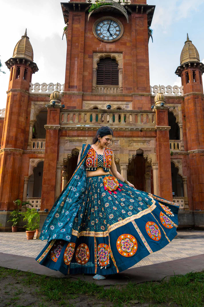 Dixz Fashion Pure Rayon Navratri Chaniya Choli, Complete with Sophisticated Printed Foil Work and Gamthi Patch & Lace Touch-Up for Navaratri
