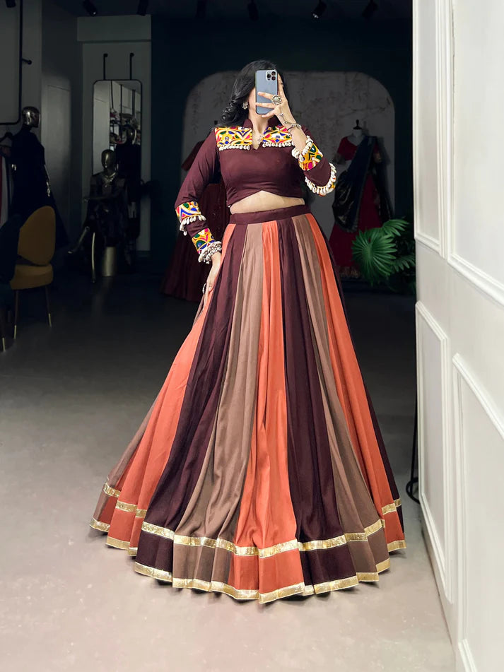 Dixz Fashion Pure Rayon Embossed Lehenga Set with Mirror Gamthi Work Blouse for Navaratri