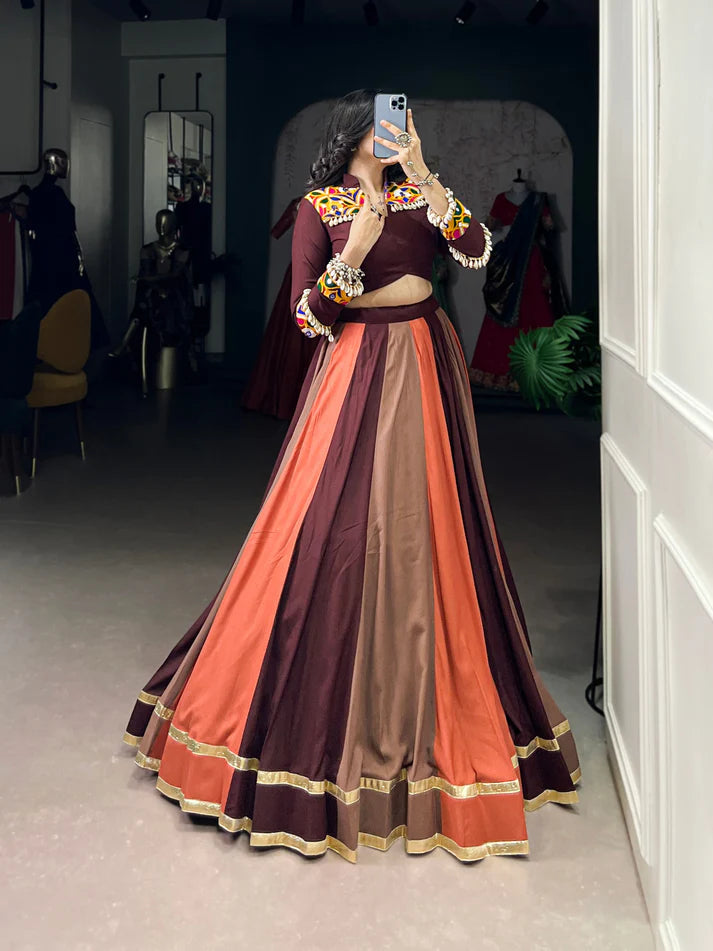 Dixz Fashion Pure Rayon Embossed Lehenga Set with Mirror Gamthi Work Blouse for Navaratri