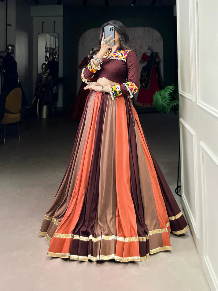 Dixz Fashion Pure Rayon Embossed Lehenga Set with Mirror Gamthi Work Blouse for Navaratri