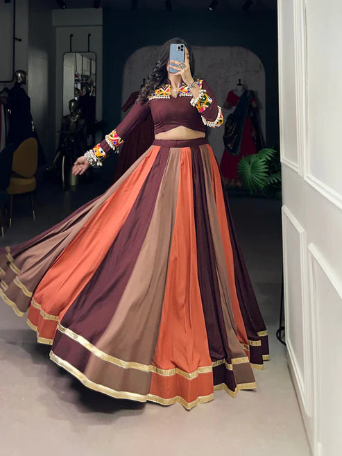 Dixz Fashion Pure Rayon Embossed Lehenga Set with Mirror Gamthi Work Blouse for Navaratri