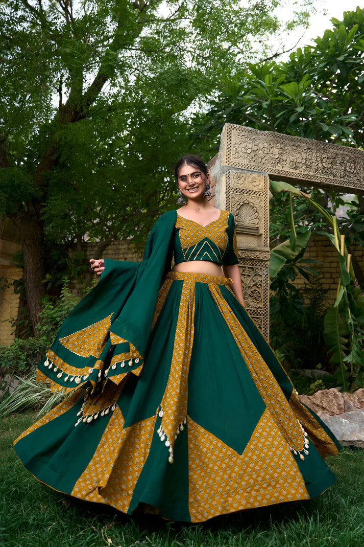 Dixz Fashion Pure Cotton Printed Lehenga Set with Cowrie Lace Detailing for Navaratri