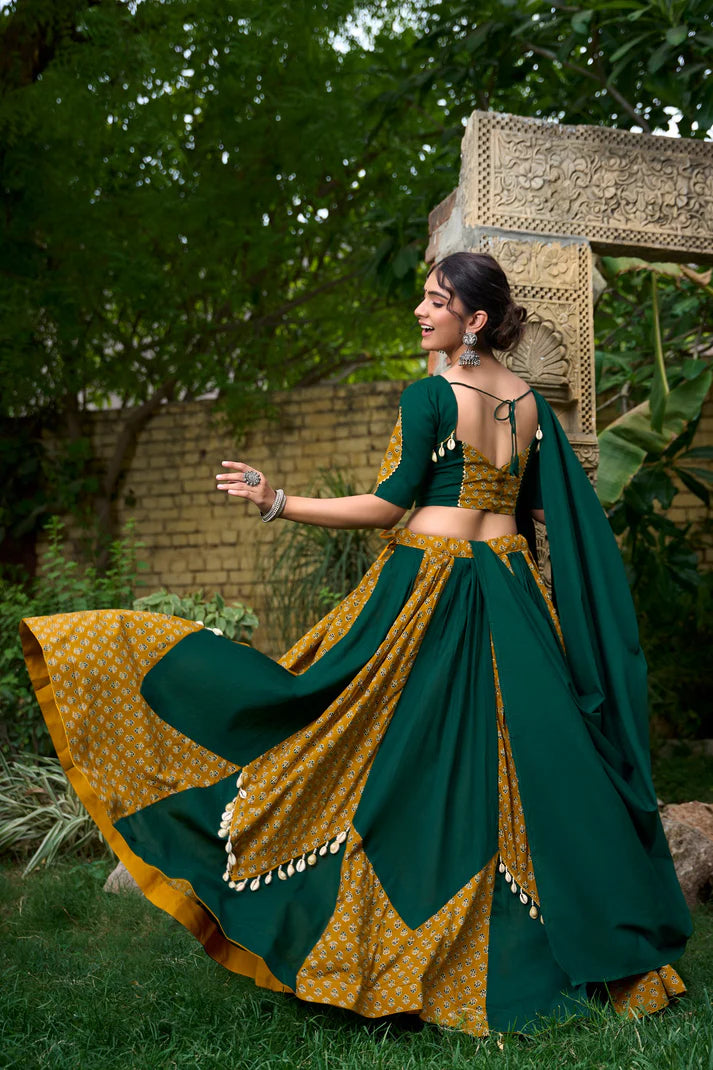 Dixz Fashion Pure Cotton Printed Lehenga Set with Cowrie Lace Detailing for Navaratri
