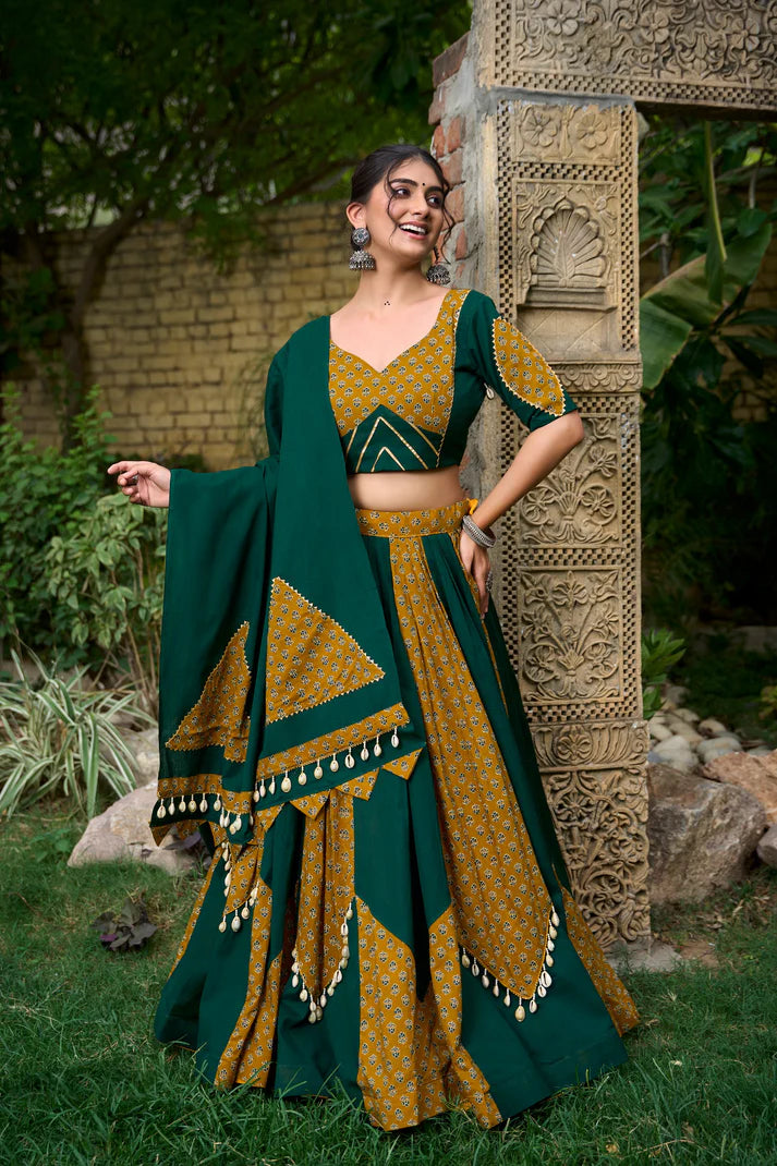 Dixz Fashion Pure Cotton Printed Lehenga Set with Cowrie Lace Detailing for Navaratri