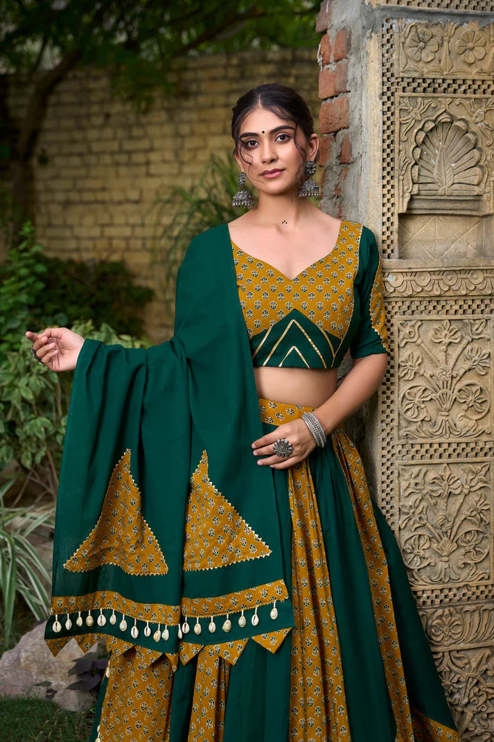 Dixz Fashion Pure Cotton Printed Lehenga Set with Cowrie Lace Detailing for Navaratri