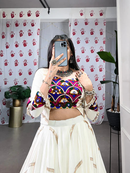 Dixz Fashion Pure Rayon Mirror Work Stitched Lehenga Set for Navaratri