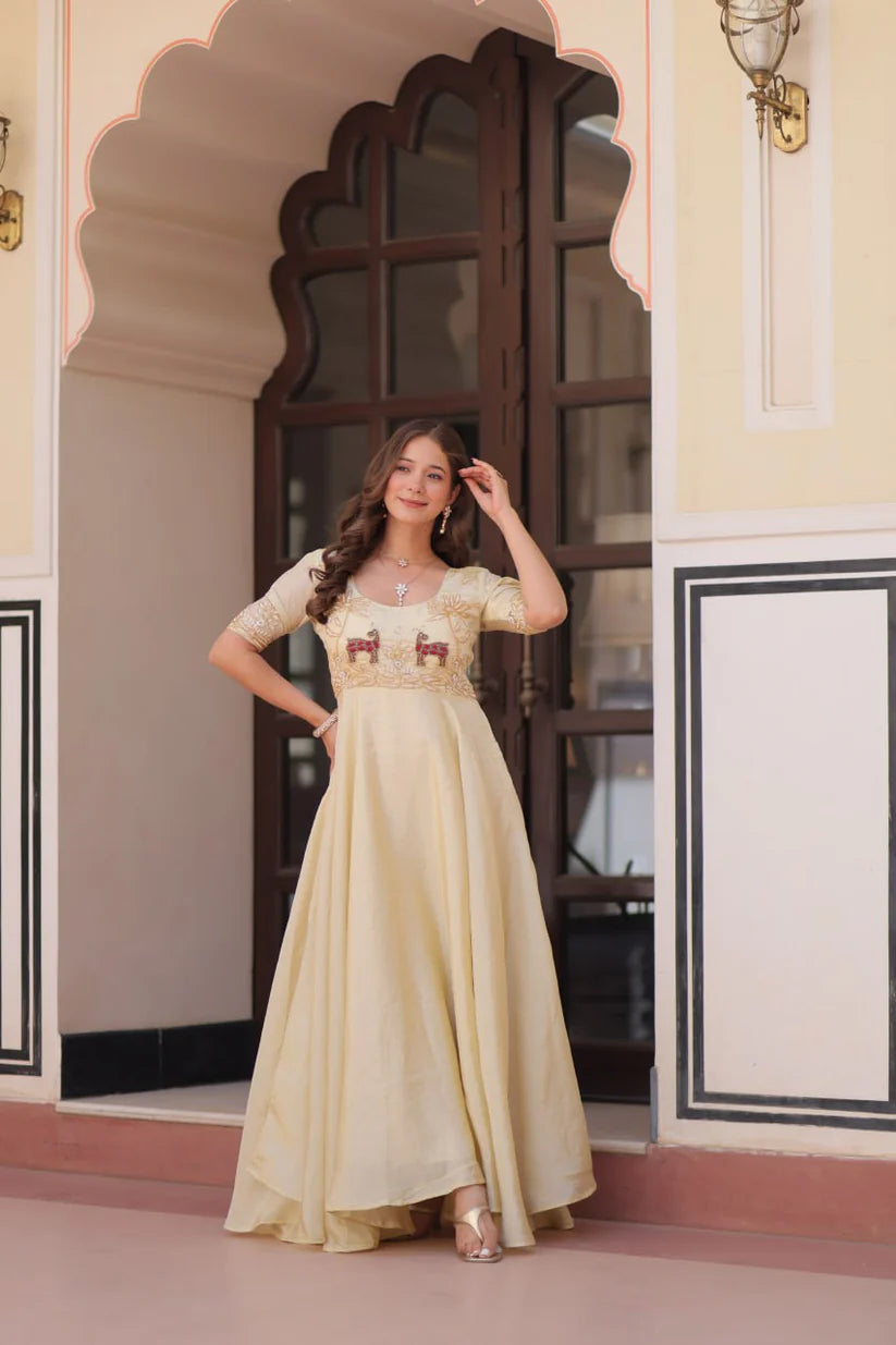 Dixz Fashion Gold Crush With Beads Embroidered Work Gown