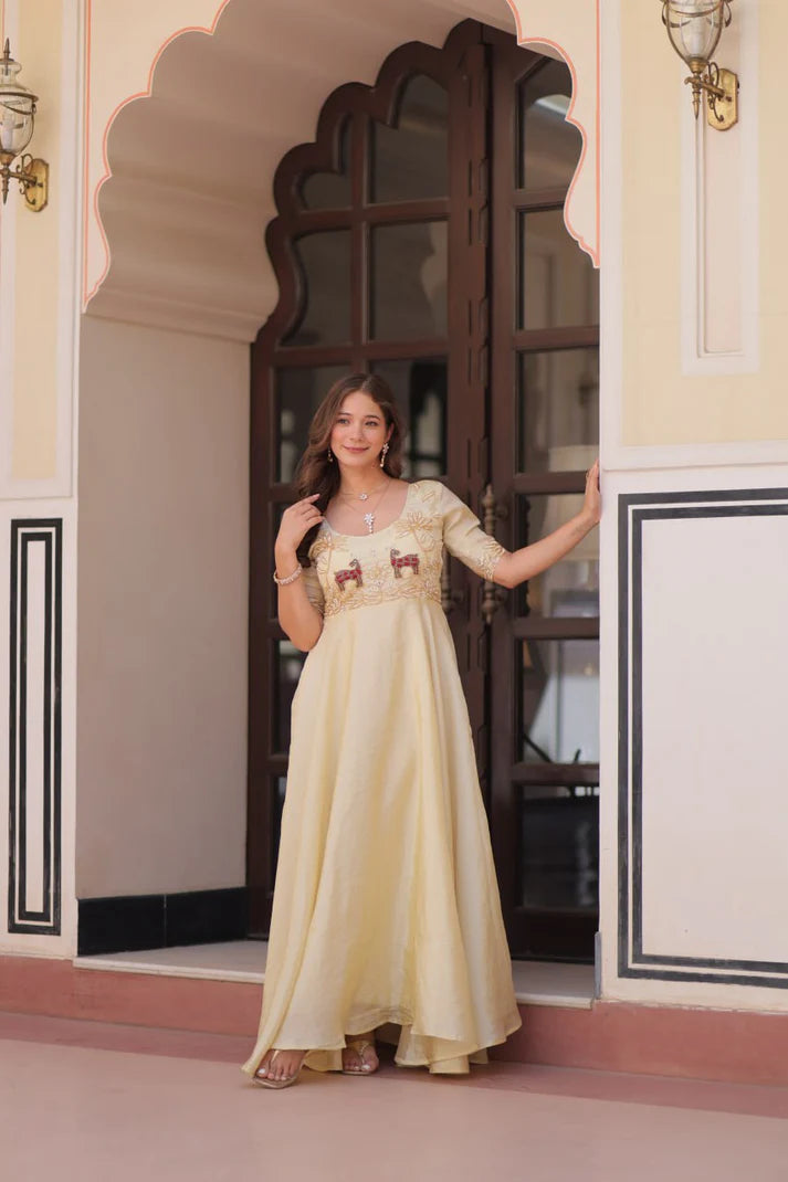 Dixz Fashion Gold Crush With Beads Embroidered Work Gown