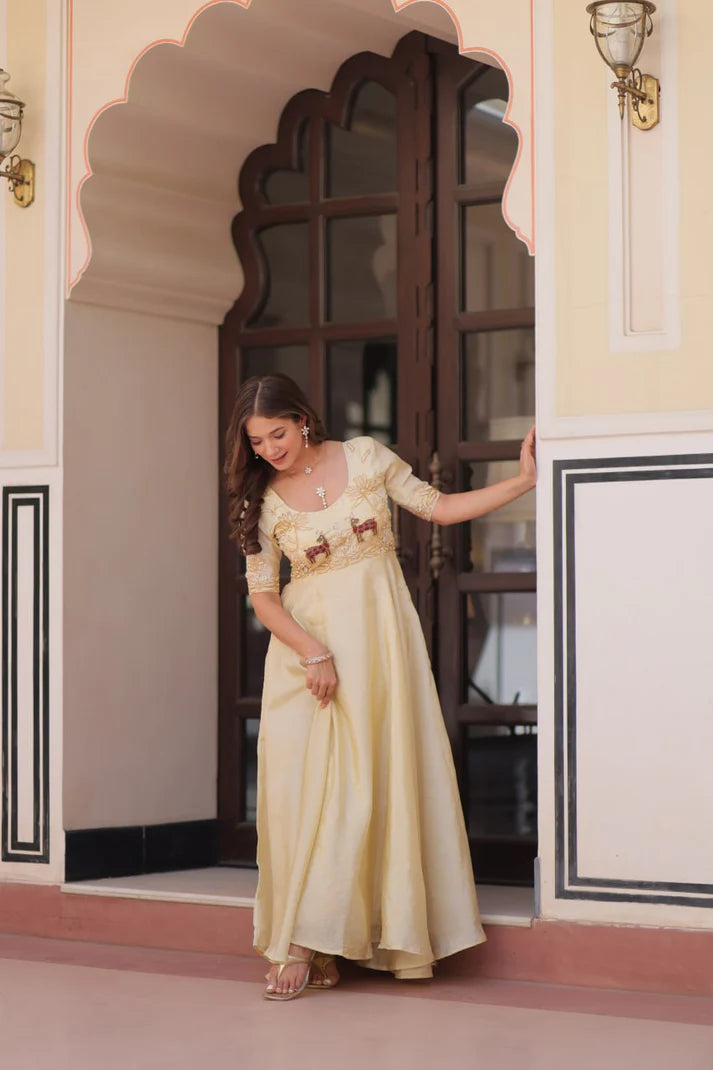 Dixz Fashion Gold Crush With Beads Embroidered Work Gown