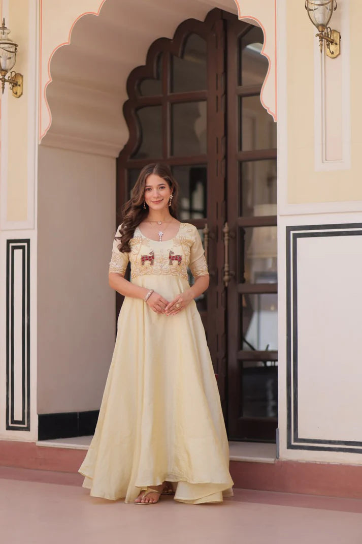 Dixz Fashion Gold Crush With Beads Embroidered Work Gown