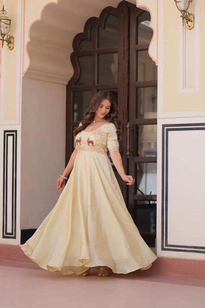 Dixz Fashion Gold Crush With Beads Embroidered Work Gown