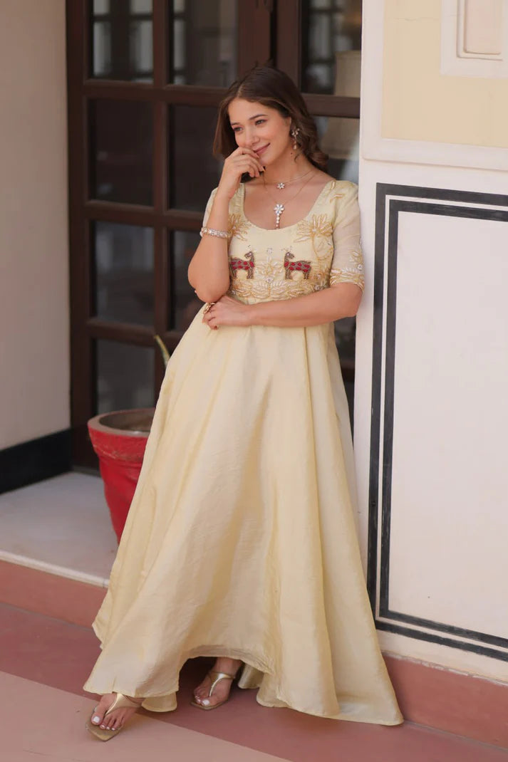 Dixz Fashion Gold Crush With Beads Embroidered Work Gown