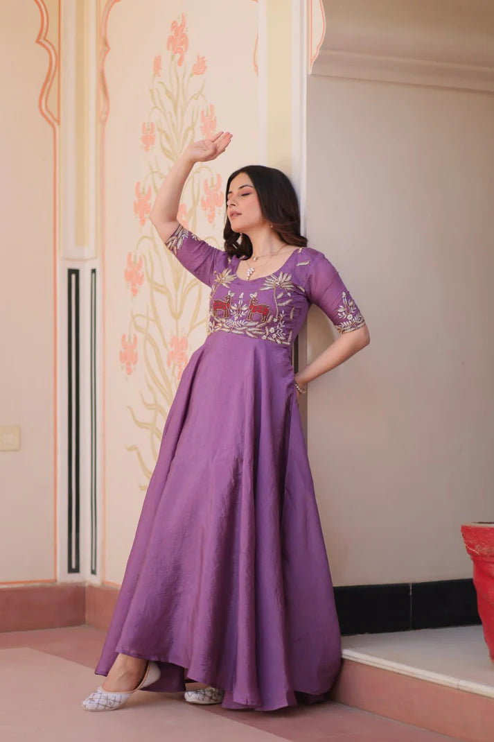 Dixz Fashion Gold Crush With Beads Embroidered Work Gown