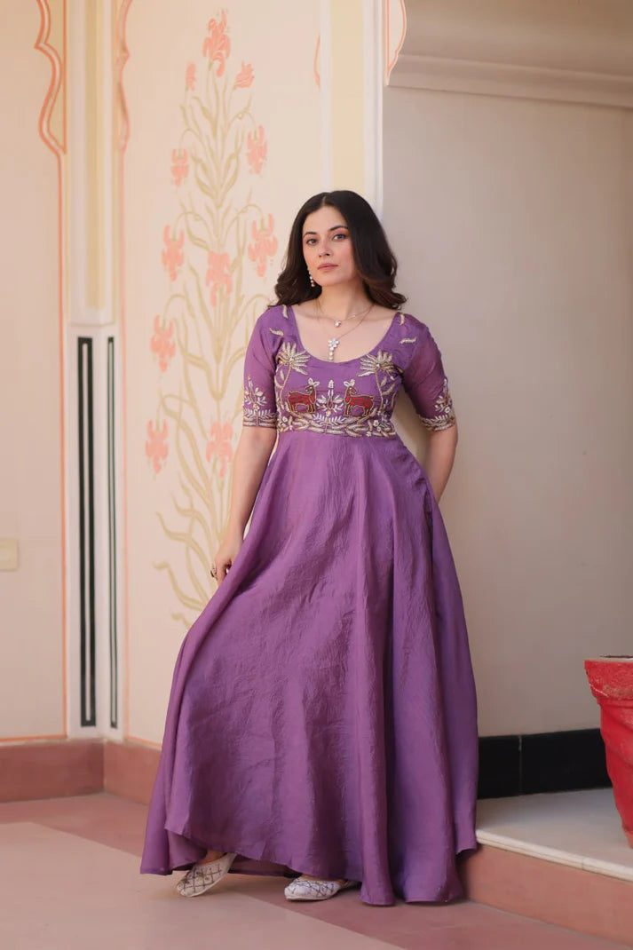 Dixz Fashion Gold Crush With Beads Embroidered Work Gown