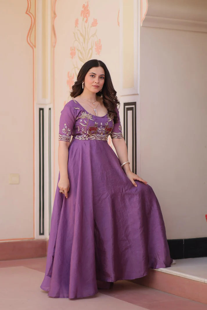 Dixz Fashion Gold Crush With Beads Embroidered Work Gown