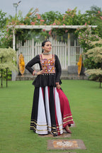 Dixz Fashion Multicolour Kutchi Gamthi Work Peplum Top with Gota-Patti Lace Lehenga Set For Navratri