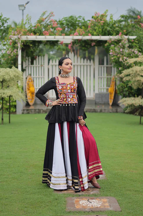Dixz Fashion Multicolour Kutchi Gamthi Work Peplum Top with Gota-Patti Lace Lehenga Set For Navratri