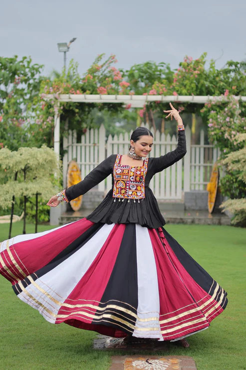 Dixz Fashion Multicolour Kutchi Gamthi Work Peplum Top with Gota-Patti Lace Lehenga Set For Navratri