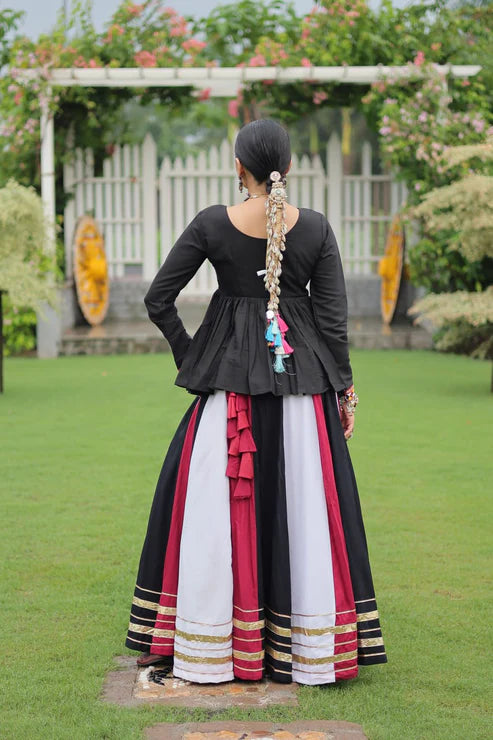 Dixz Fashion Multicolour Kutchi Gamthi Work Peplum Top with Gota-Patti Lace Lehenga Set For Navratri